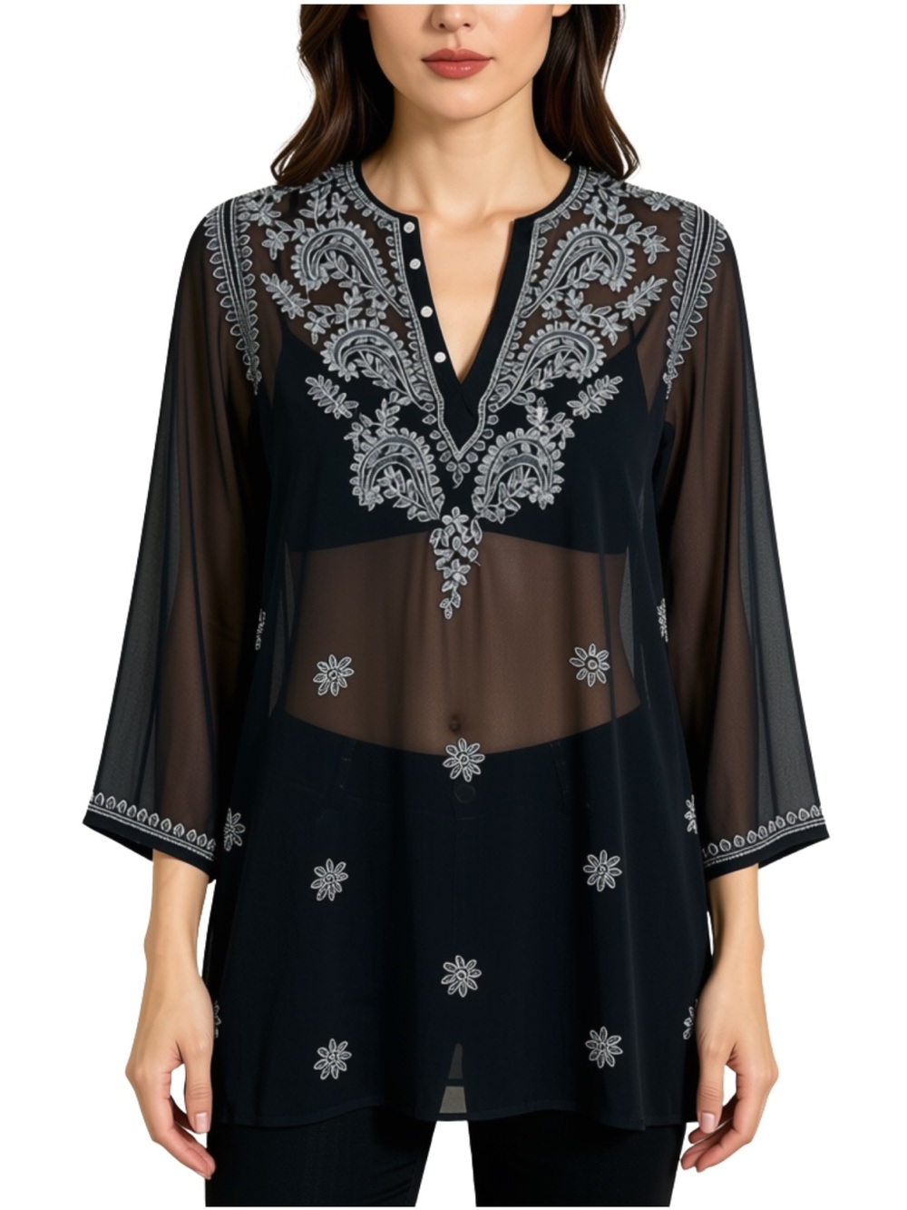 GLAM 100% Silk Black Embroidered Kaftan Sheer Tunic S/M